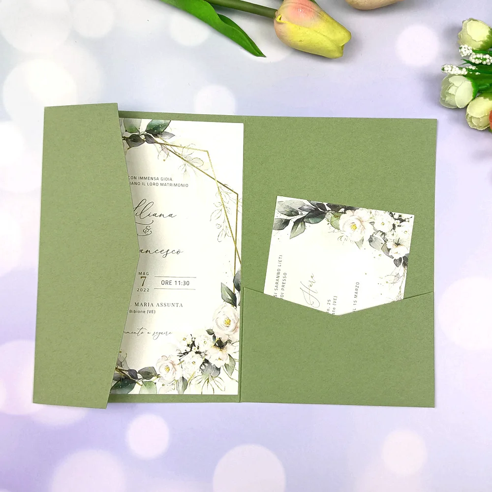 1x Wedding Invitation Cards Sage Olive Green Burgundy Navy Blue Gray Ivory Tri fold Glitter Laser Cut pocketfold invite Envelope
