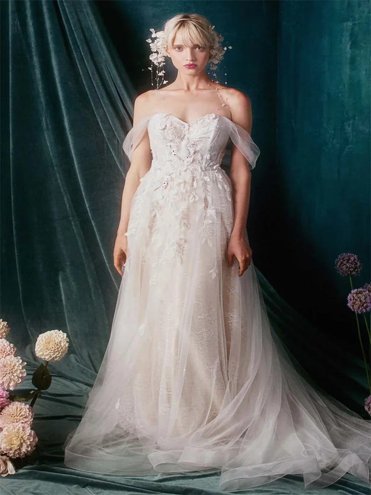 

Pluz Size A-line Off-The-Shoulder Sweep Train Tulle Lace Wedding Dress With Beading Sequins Elegant Party Dresses For Women 2023