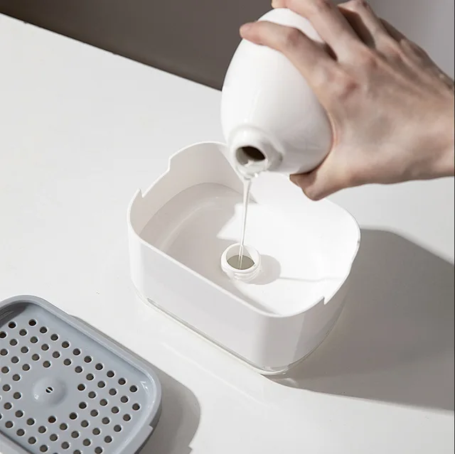 เครื่องจ่ายสบู่เหลวแบบกดพร้อมที่วางฟองน้ำ อุปกรณ์ทำความสะอาดในครัว 4