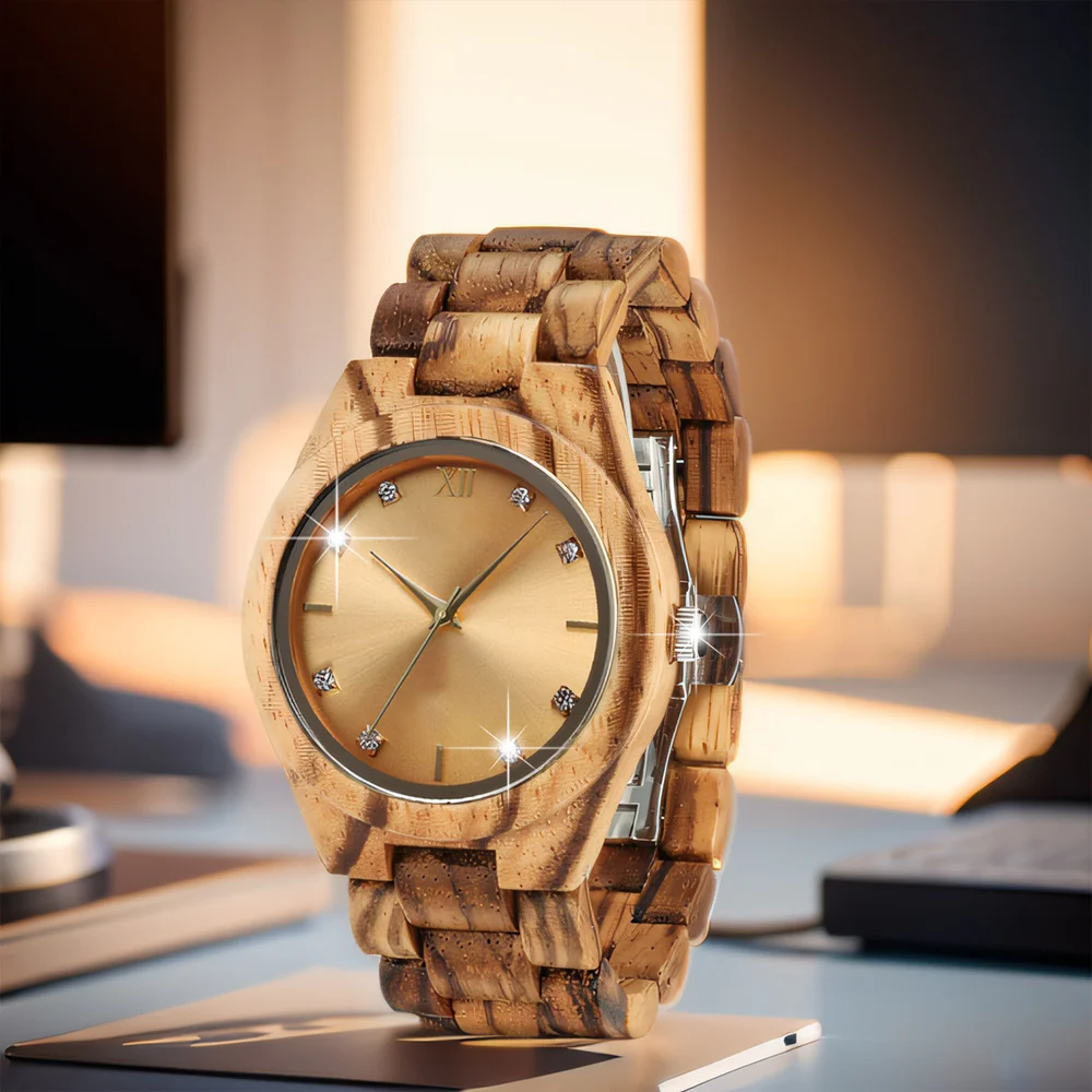 Diamond Women Watches Natural Wood Gold Dial Watch Ladies Wrist Watches Luxury Brand Rhinestone Womens Wooden Bracelet women watches