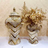 Gold Ceramic General Can Porcelain Handicraft Ginger Jar Striped Storage Tank Seal Vase Vintage Bottle Home Decoration 1