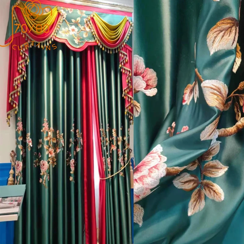 

New Chinese Style Dark Green Peony Embroidered Window Screen Splicing Curtains for Living Room Bedroom French Window Customized
