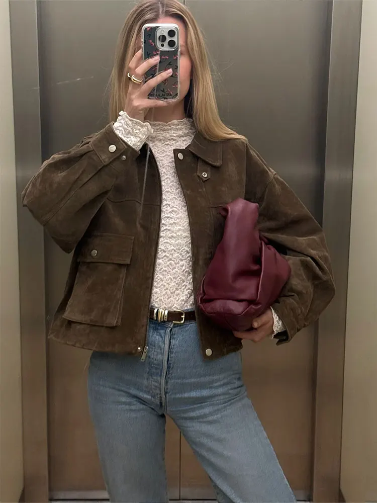 HH Women Vintage Solid Lapel Coats Long Sleeve Zipper Jacket With Pockets 2025 Autumn Fashion Lady High Street Lady Outwear