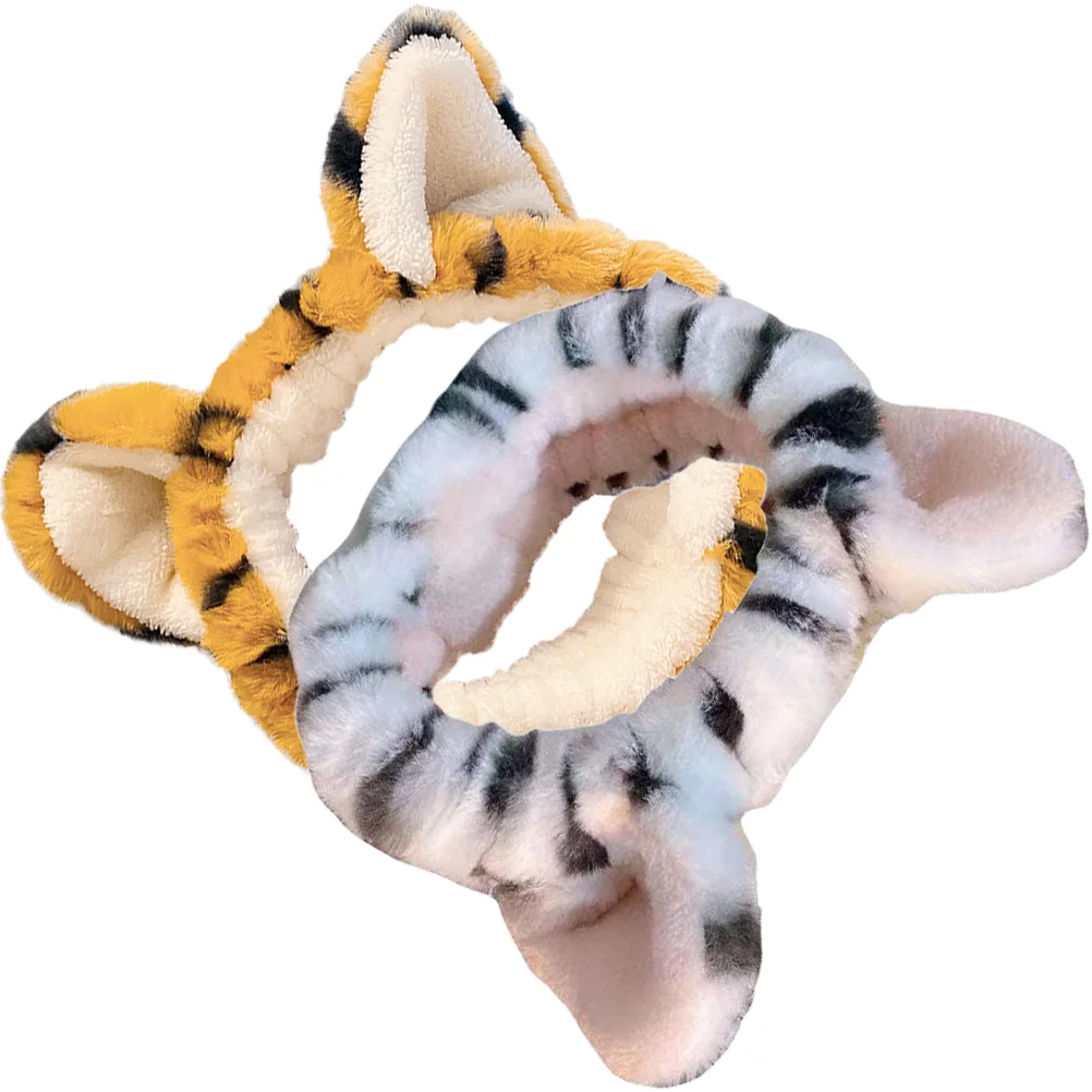 

2 Pcs Tiger Plush Headband Stretch Face Wash Hair Ties Hairband For Washing Women Dedicated Makeup
