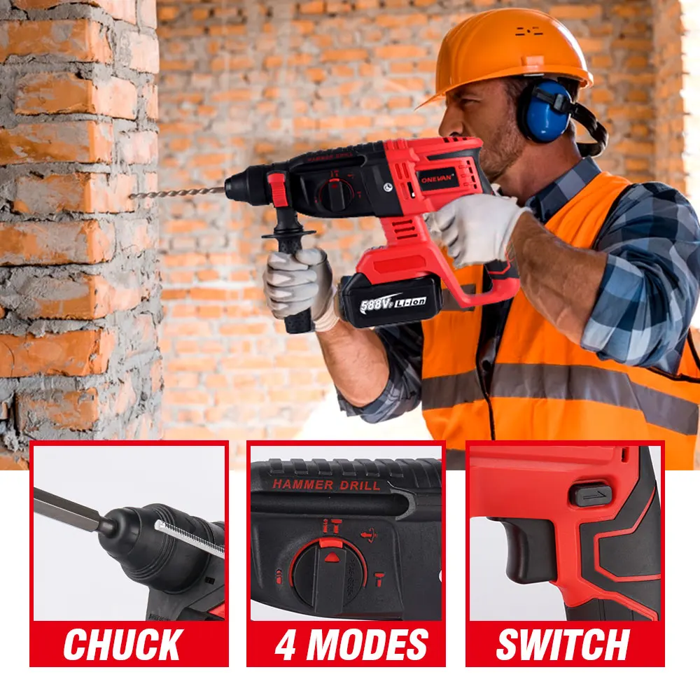 2000W Brushless Electric Hammer Drill 4 Function 3200rpm Cordless Rechargeable Hammer Impact Drill For 18V Makita Battery electric hammer drill electric jackhammer electric grinder drill