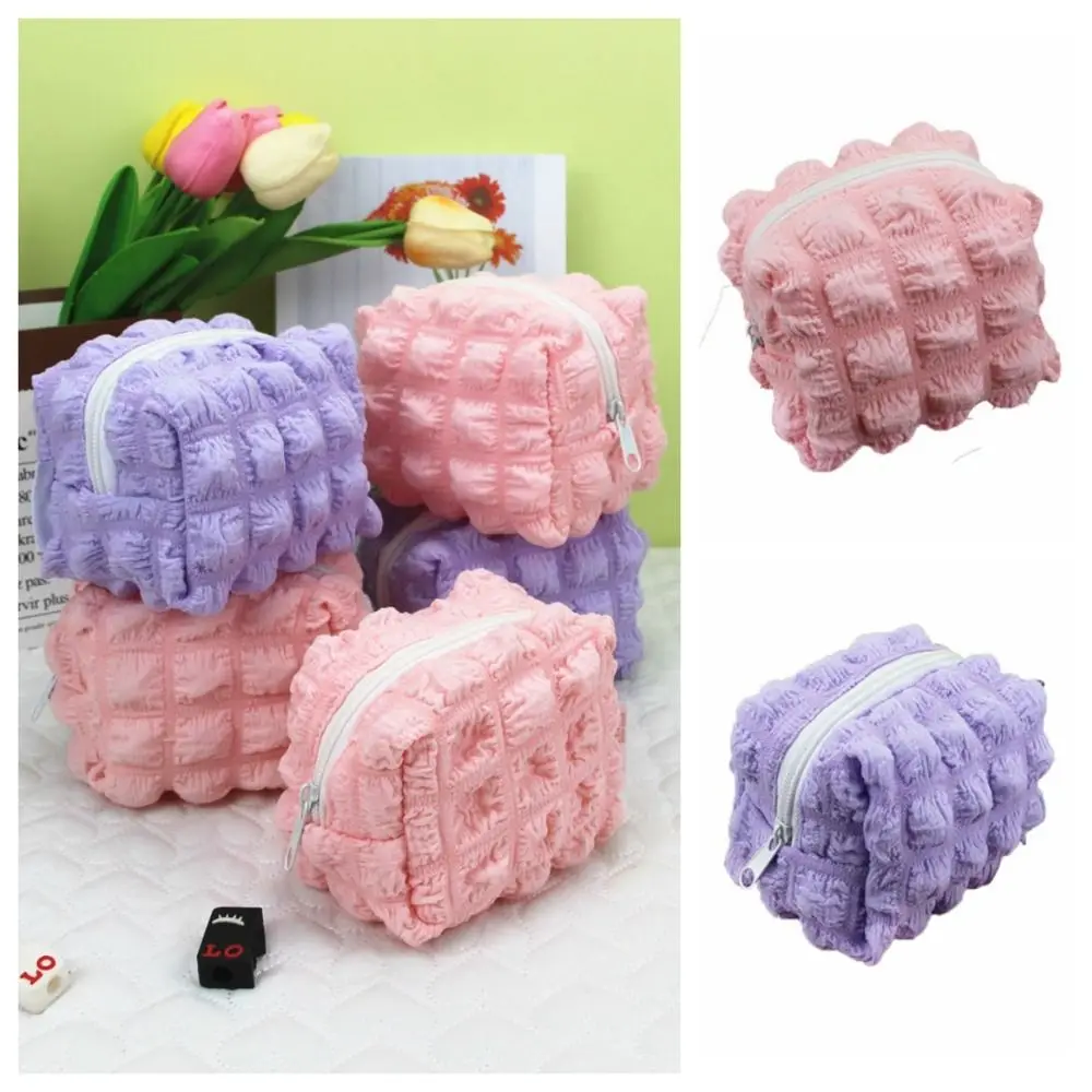 

Bubble Plaid Pleated Cloud Coin Purse Square Korean Style Data Cable Storage Bag Wallet Zipper Credit Card Holders Ladies