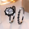 Black Crystal White Zircon Oval Stone Ring Sets For Women Vintage Black Metal Engagement Rings Set Wedding Jewelry Birthday Gift