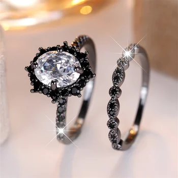 Black Crystal White Zircon Oval Stone Ring Sets For Women Vintage Black Metal Engagement Rings Set Wedding Jewelry Birthday Gift