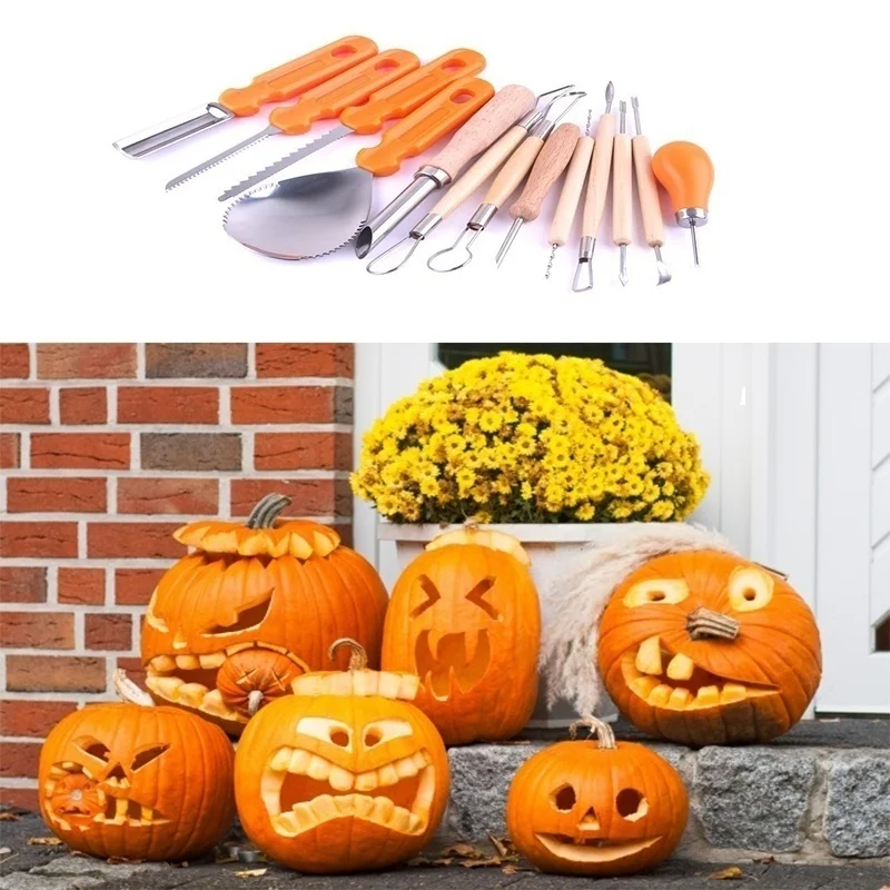 Couteau Citrouille Kit Sculpture Citrouille Halloween 13 Pièces - Acier Inoxydable - Sécurité Enfants Adultes Kit 11 Pièces Acier Inoxydable