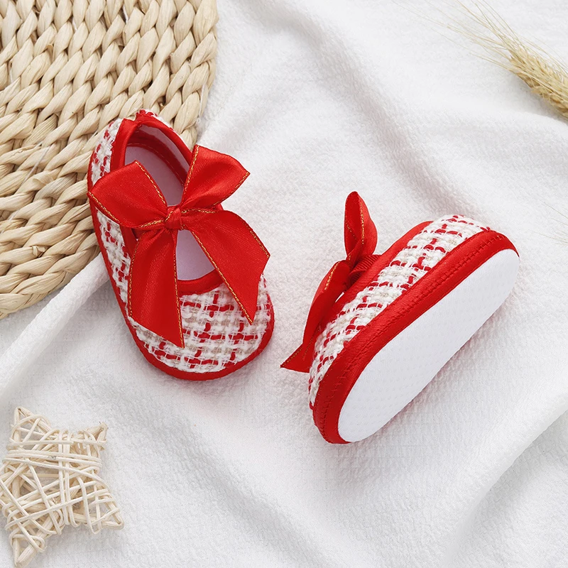 Lovely Bow Princess Baby Shoes Soft Bottom Anti-slip Infant Soled Newborn First Walkers Lattice Pattern Toddler Cotton Shoes