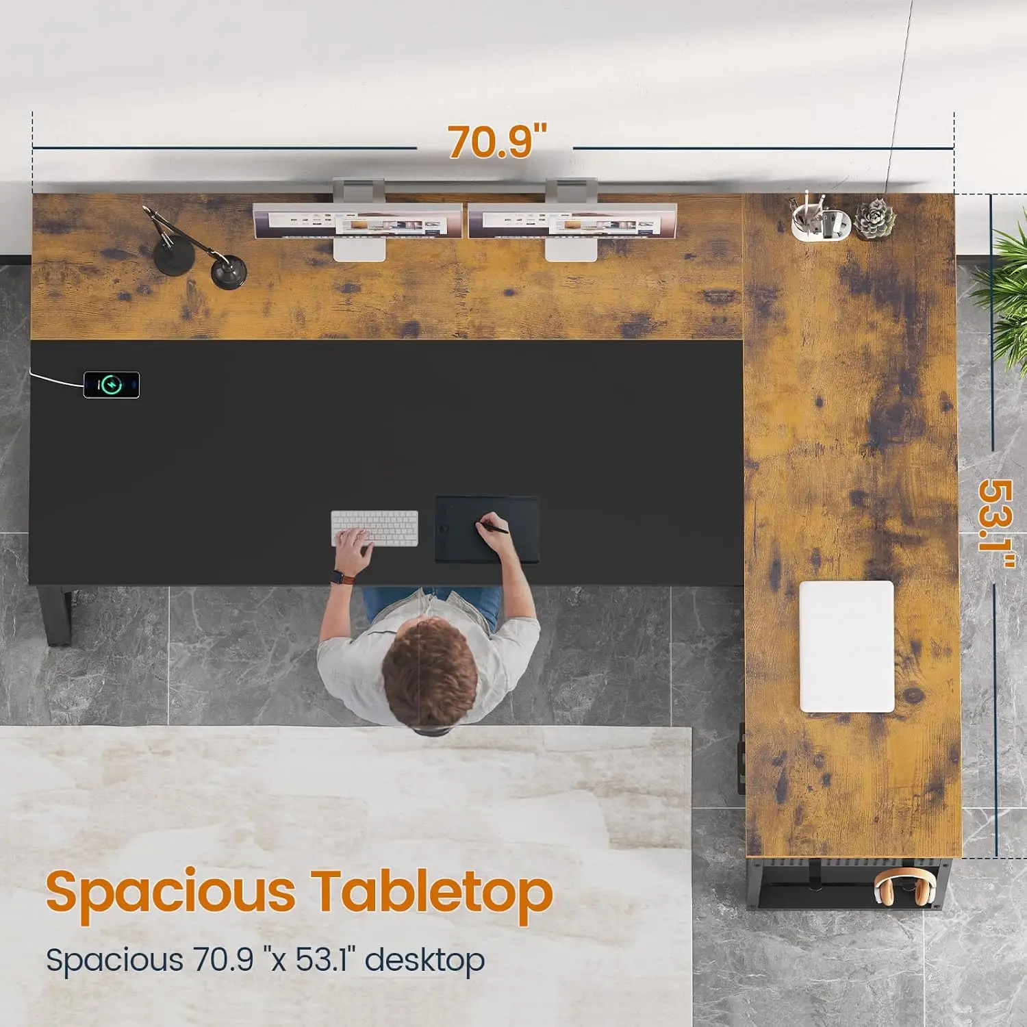 71" Reversible L-Shaped Executive Desk w/Power Outlets & Pegboard - File Drawers, Storage Shelves & Mobile CPU Stand