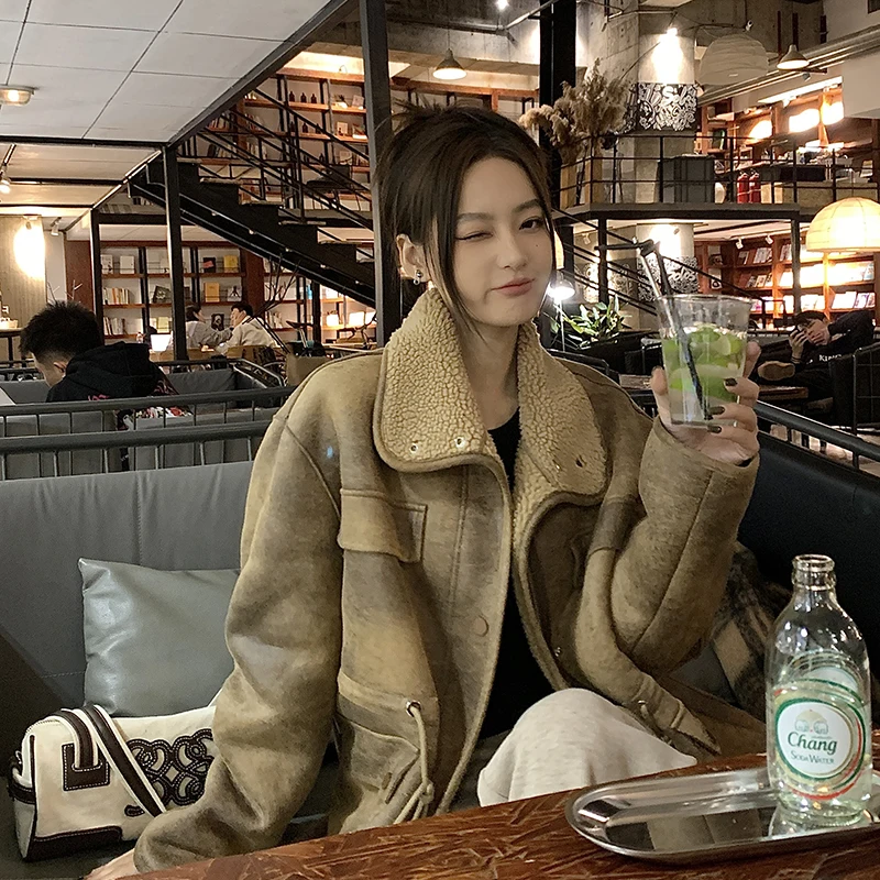 

Autumn Winter Retro Fur Integrated Lamb Suede Short Coat Women's Thickened Large Lapel Motorcycle Clothing Coat