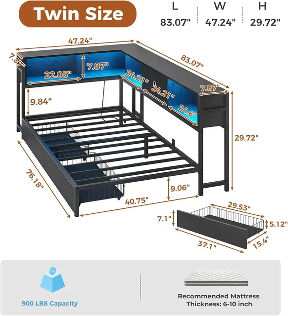 DICTAC Twin Corner Bed with Storage, Bookcase & LED 3