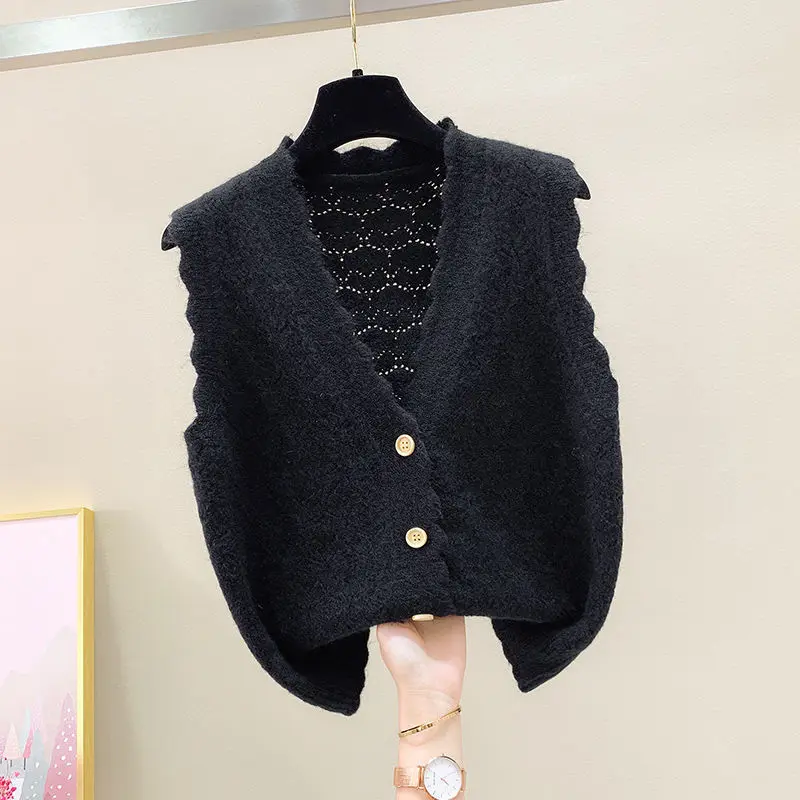 2022 Wave  V-neck Knit Sleeveless Sweater Short Vest Loose Spring Coat Tops Waistcoat Lady Top Cloth for Women girl  Blue red cardigan Sweaters