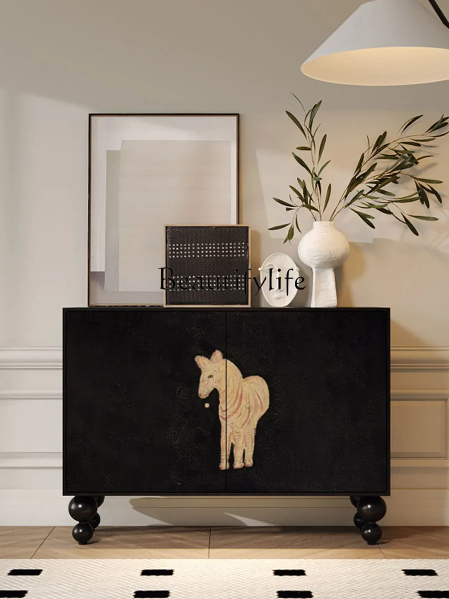 

Vintage Solid Wood Locker High-Grade Black Art Curio Cabinet Living Room Storage Entrance Cabinet