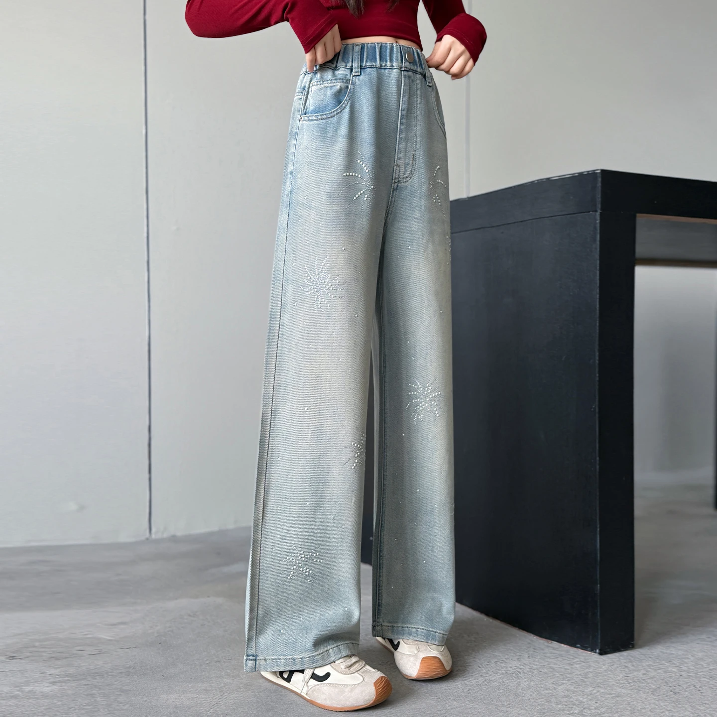 세련된 아동용 꽃 장식 청바지, 십대 소녀들을 위한 캐주얼 스트레이트 핏 크리스탈 데님 팬츠, 키즈 스트리트 디자인 청바지