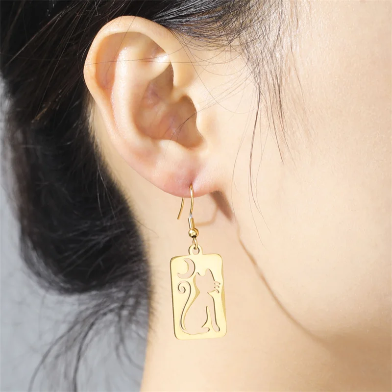 Edelstahl-Ohrringe, Halbmond-Katze, hängende Tropfen-Ohrringe für Frauen, niedlicher Tierschmuck, 2023, Trend, Party-Geschenk, Großhandel – Detail 10