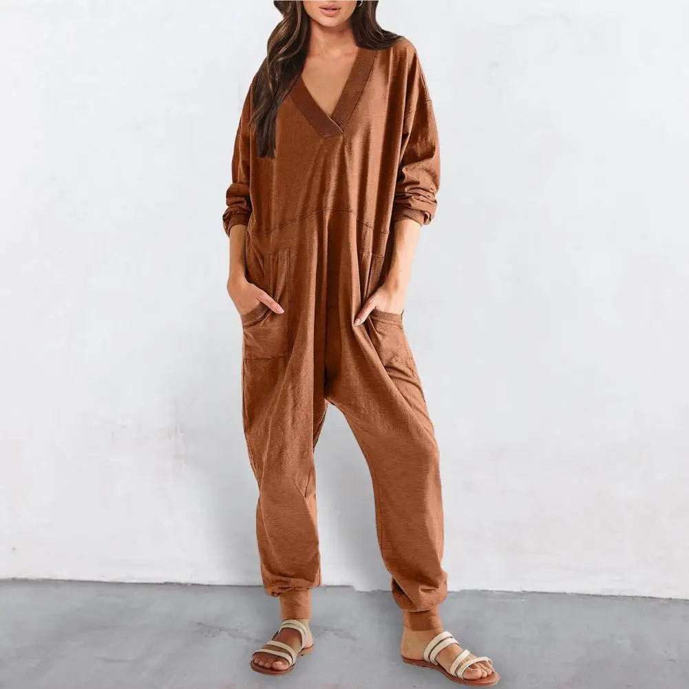 

Jumpsuit V Neck Long Sleeve Loose Solid Color Pockets Deep Crotch Baggy Ankle-banded Soft Lady Pajama Jumpsuits&Rompers