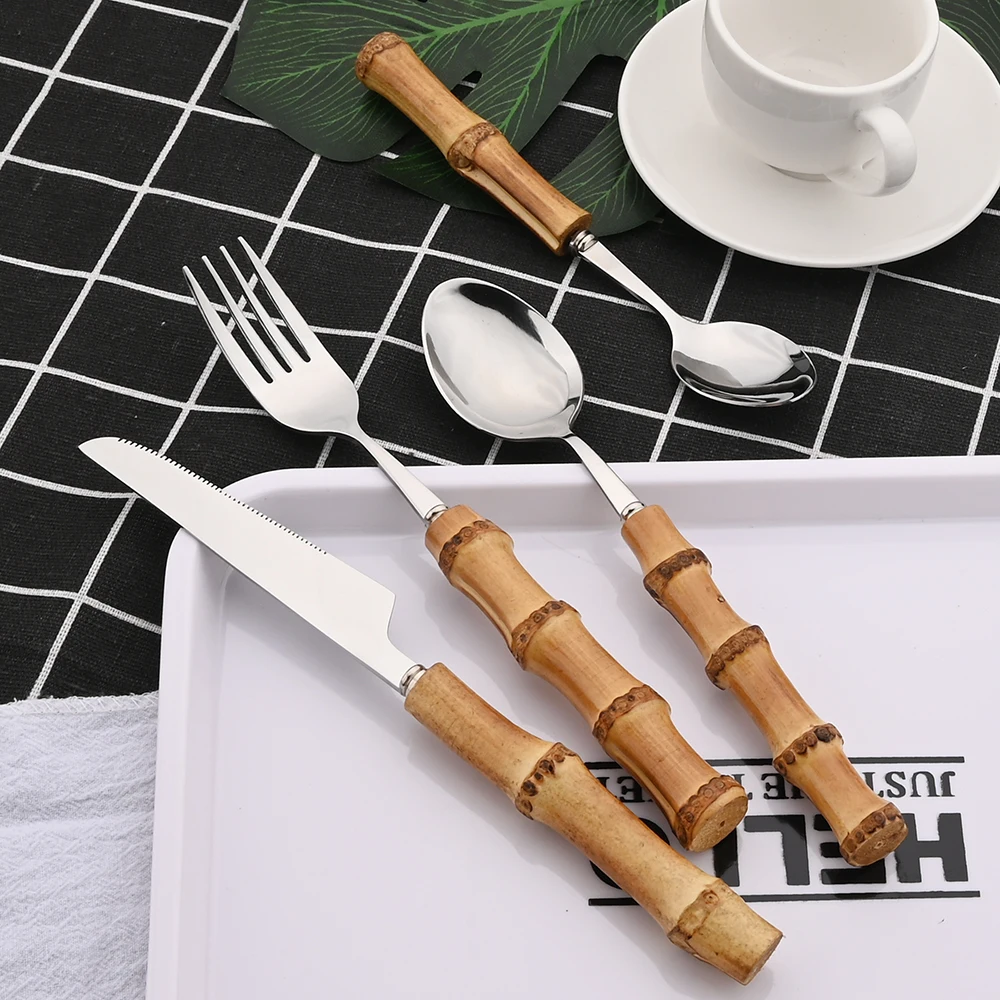16/24/32Pcs Creative Bamboo Wooden Handle Tableware Set Stainless Steel Dinnerware Set Steak Knife Fork Spoon Cutlery Gift