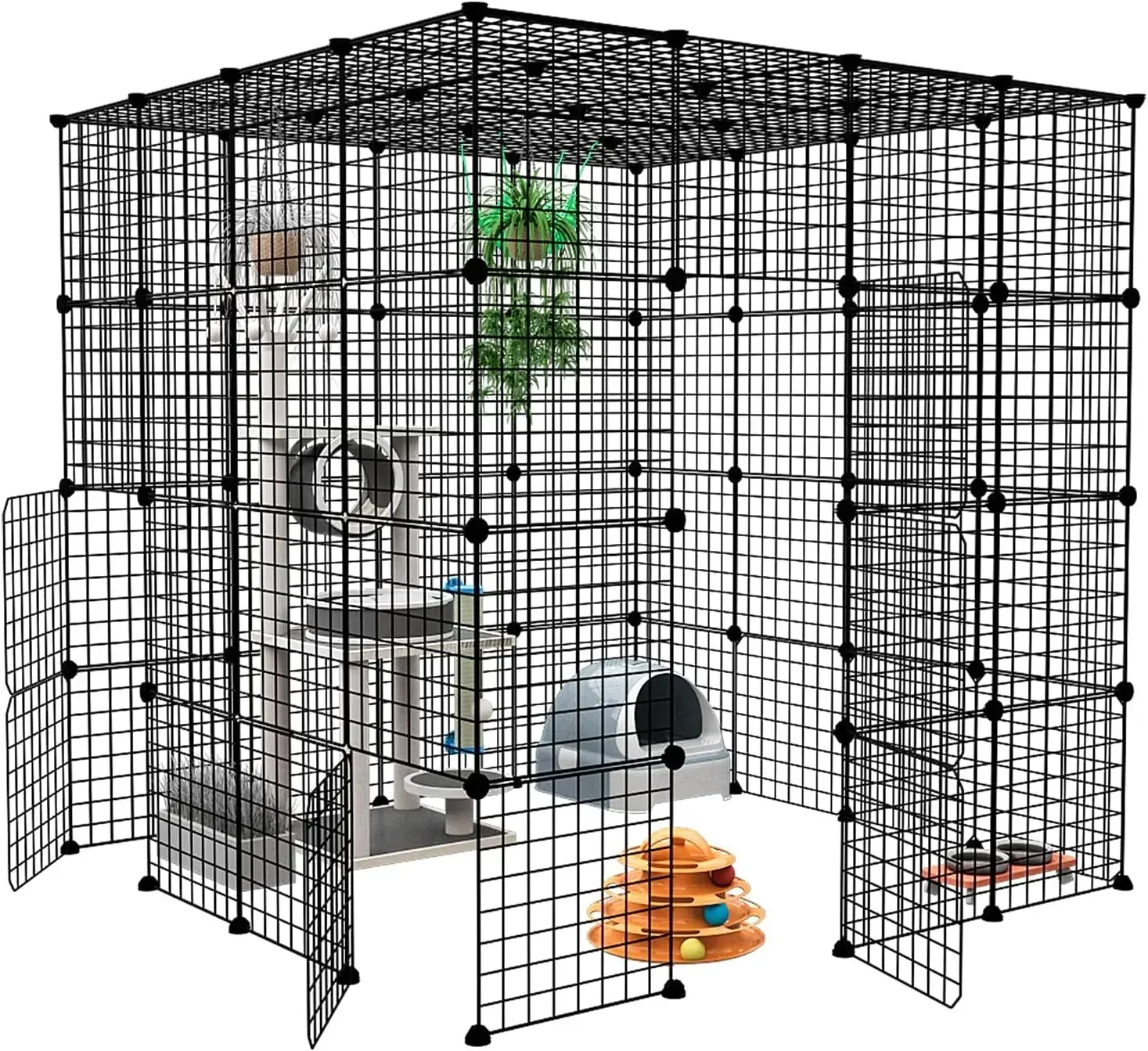 Large Cat Cage Enclosure Indoor Cat Playpen Metal Wire 4-Tier Kennels Crate Ideal for 1-4 Cats Black Without Platforms