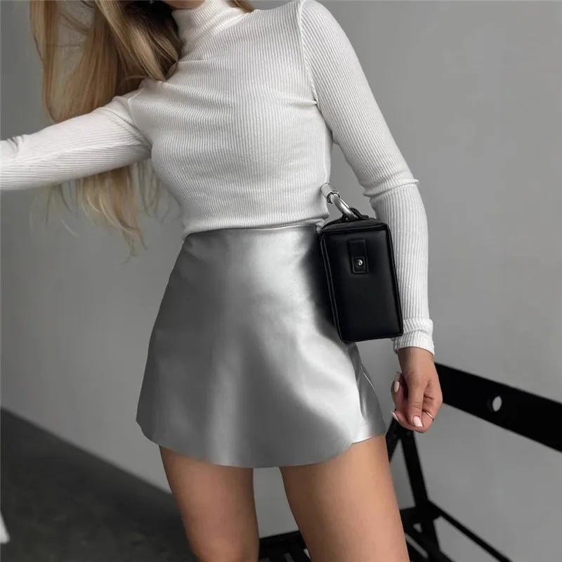 Shestyle Women Shorts High Waist Sexy Elegant PU Faux Leather Skirts Office Lady A-Line Asymmetrical Bottom Clubwear Workwear