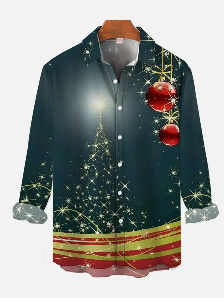 Camisa de manga larga con estampado informal de Papá Noel para hombre, con elementos navideños, para tomar el sol, para fiestas, noches, camisa divertida de uso diario, cuello abotonado