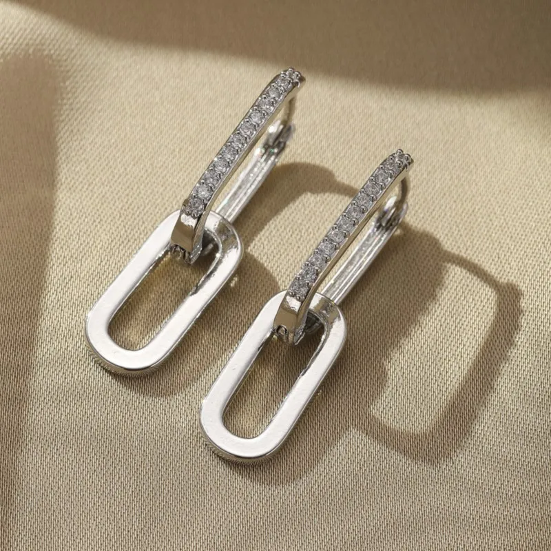 Elegant Micro-inlaid Zircon U-Shaped Hoop Earrings for Women Exquisite Double Buckle Link Earring Temperament Jewelry