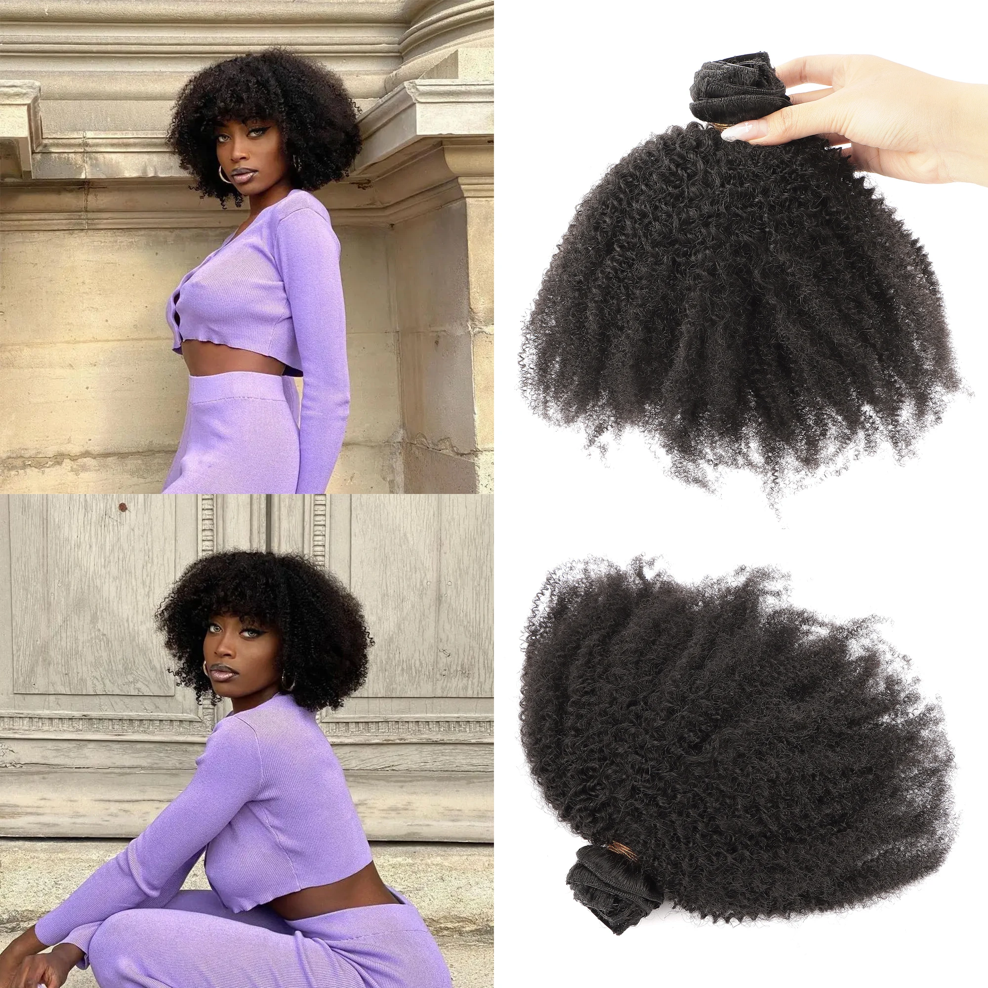 AHVAST kinky curly 4c 100g clip in weft hair extension natural color human hair virgin weft extensions