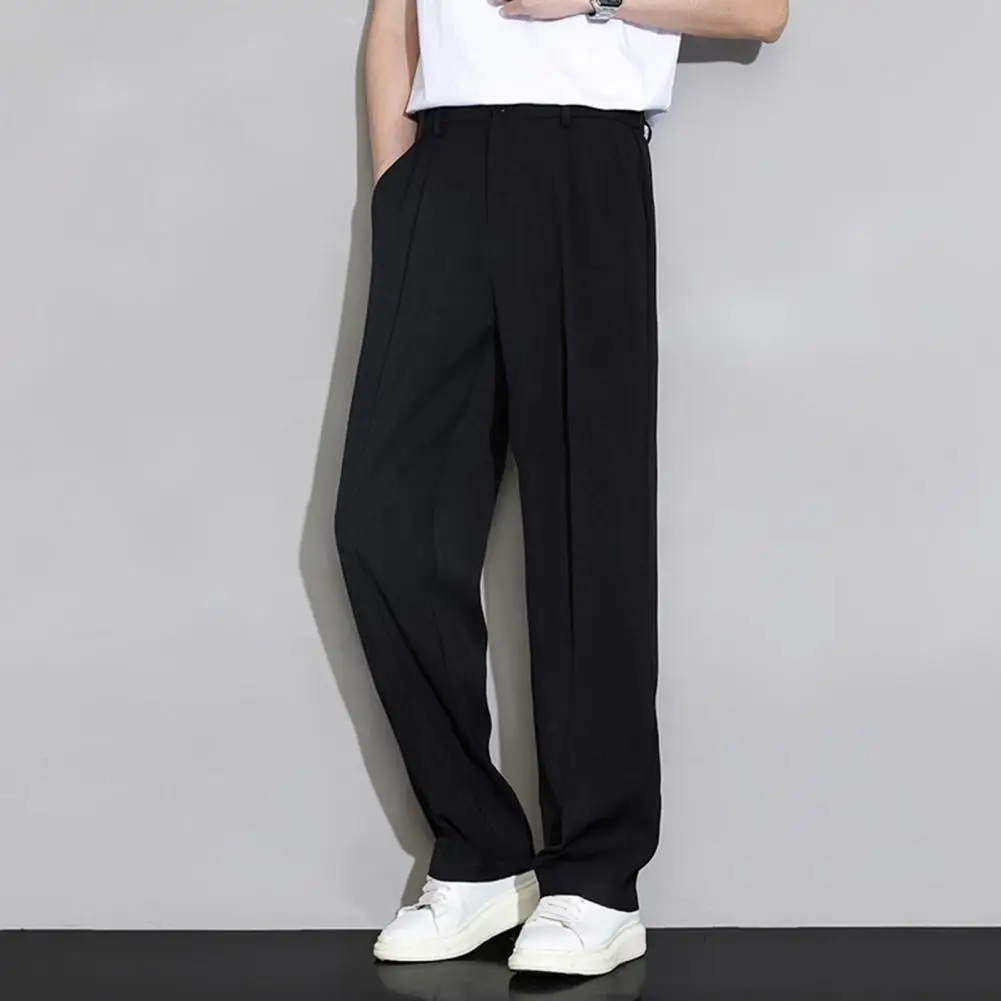 

Loose Wide Leg Pants Elegant Men's Draped Wide Leg Business Trousers with Elastic Waist Buttons Fly Pockets Stylish Ice Silk