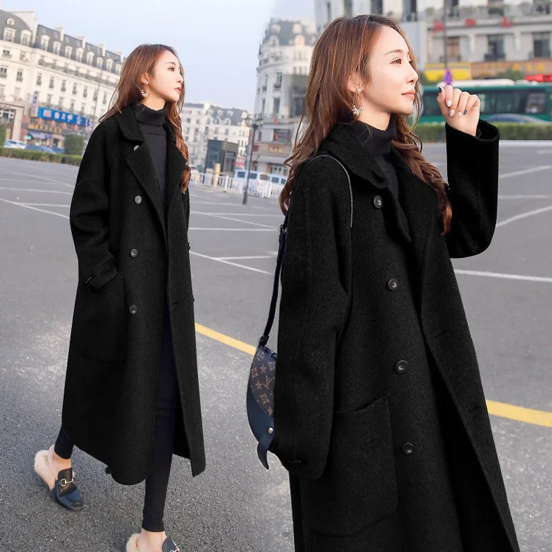 

Woolen Coat Women's Mid-length Autumn and Winter New Hepburn Style Loose Over-the-knee Gray Thick Woolen Coat