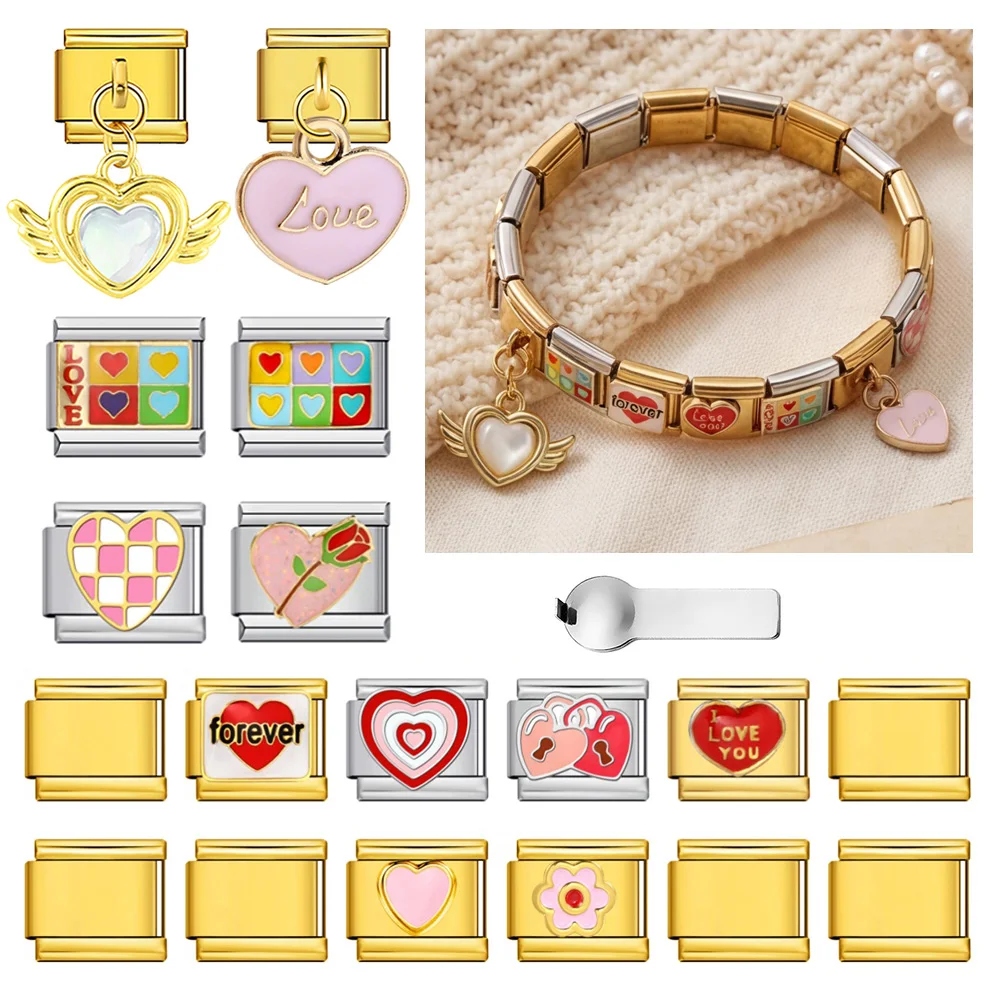 GEMOSA 9mm Italienisches Edelstahl-Armband Liebesblume Ewiges Herz Element Werkzeug-Kombinationsset DIY Charm-Schmuck 19-teiliges Set