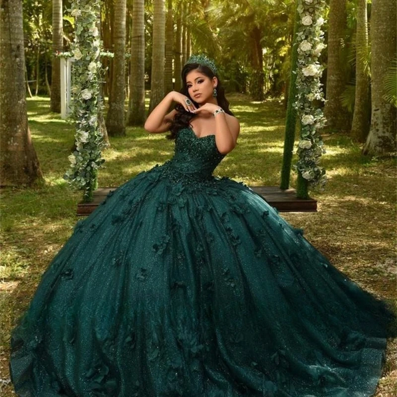 

Dark Green Sweetheart 3D Flowers Quinceanera Dress Ball Gown Puffy Dress 18th Birthday Debut vestido de charra 15 años azul