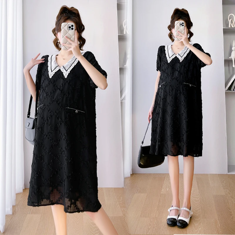 

Summer Loose Pregnant Women A-Line Dress Lace Peter Pan Collar Patchwork Maternity Chiffon Dress Black Pregnancy Elegant Dresses