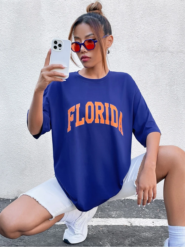 

Orange Lettering Florida Cotton Print Women Tshirt Aesthetic Sport Tshirts Short Sleeve Hip Hop T-Shirts Soft Street Tee Shirt
