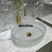 อ่างล้างหน้าคริสตัลแก้วใสสีชมพู B567 อ่างล้างหน้าดีไซน์หรูหราสไตล์ศิลปะ อ่างล้างหน้าทรงรีแบบมีตะแกรงแน่นสำหรับใช้ในบ้าน 4