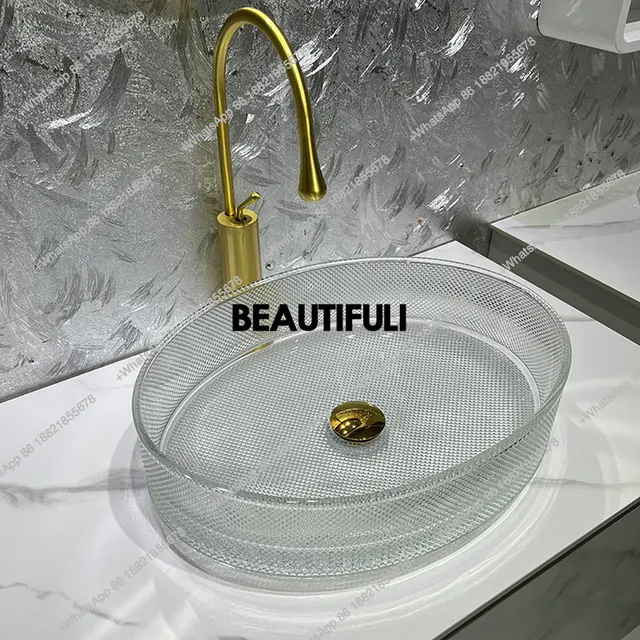 อ่างล้างหน้าคริสตัลแก้วใสสีชมพู B567 อ่างล้างหน้าดีไซน์หรูหราสไตล์ศิลปะ อ่างล้างหน้าทรงรีแบบมีตะแกรงแน่นสำหรับใช้ในบ้าน 4