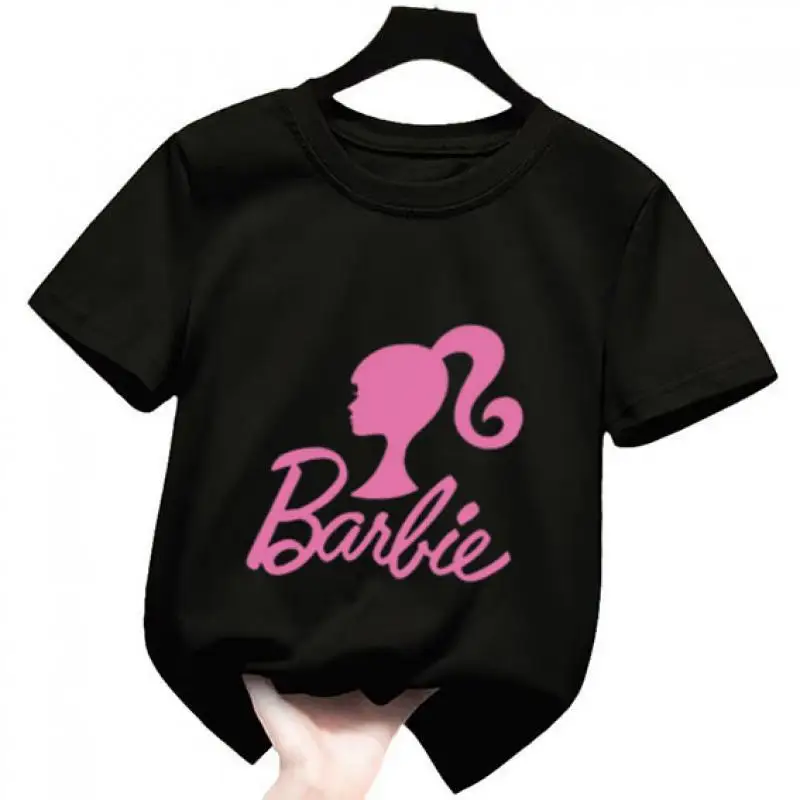 

Barbie2024 New Girls Short-Sleeved Round Neck T-Shirt Summer Sweet Print Casual Cute Top Cartoon Girl Fashion Clothing Gift