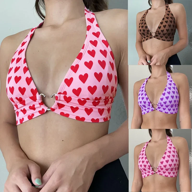 

Pink Heart-shaped Printed Cute Cut Y2K Top for Women's Beautiful Kawaii Clothing Sleeveless Backless Lace Up Bra Vest MYQH13