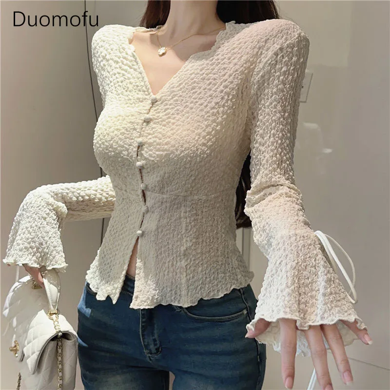 

Duomofu Sexy V-Neck Short Shirts for Women New All-Match Slim Fit Long Sleeve Blouses Female Korean Elegant Buttons Blusas 2024