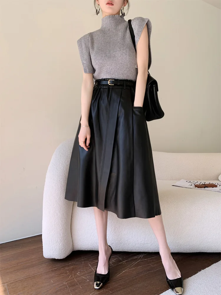 

Sheepskin Skirt Women's High Waist Slim Mid Length Genuine Leather Skirt Autumn New A-Line Skirt Umbrella Skirt