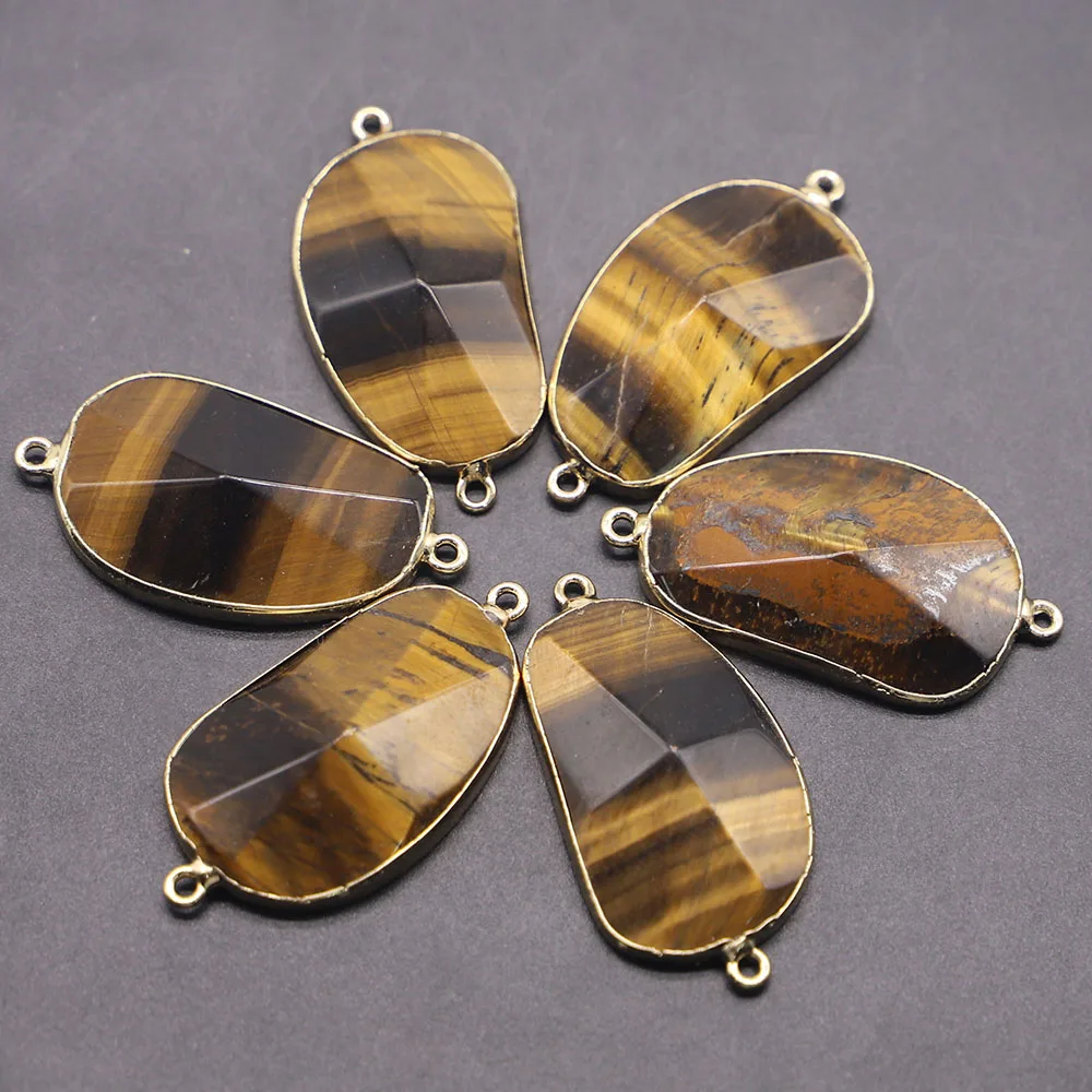 30*24MM Natural Tiger Eye Stone Charms Connector Pendant Double Hole 6pcs for DIY Women Men Jewelry Bracelet Making Wholesale