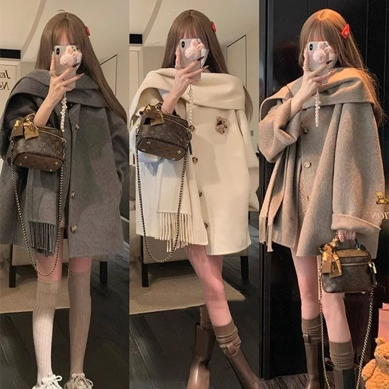 

Vintage Elegant Korean Tweed Jacket with Tassel Scarf Kawaii Shawl Cape Autumn Winter Coat Single Breasted Women Outerwear Tops