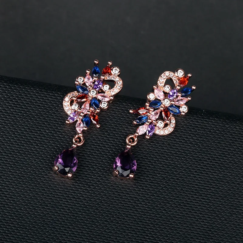 

Women's Fashion Shiny Colorful Zircon Drop Earrings Multicolor CZ Stone Flower Rose Gold Charming Dangle Earring Jewelry Gift