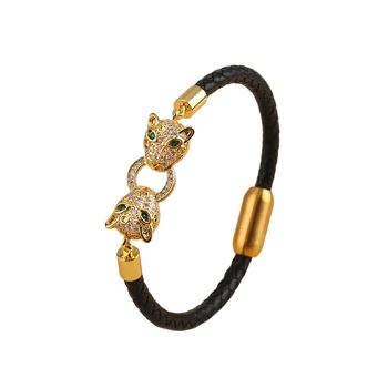 Bracciale in acciaio inossidabile intrecciato in pelle animale leopardo con zirconi completi Classico per regalo di gioielli per feste quotidiane uomo donna 1