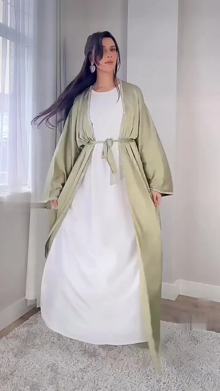 Modest Satin Abaya Kimono Muslim Party Dress Diamond Abayas for Women Dubai Luxury Turkey Outwear Islam Kaftan Femme Musulmane