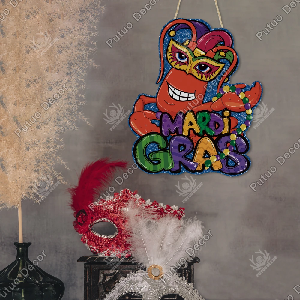 

Putuo Decor Mardi Gras Lobster Wooden Hanging Sign Decor, Wall Decor for Home Cafe Bar Club, 13.5 X 11.5 Inches Carnival Gifts