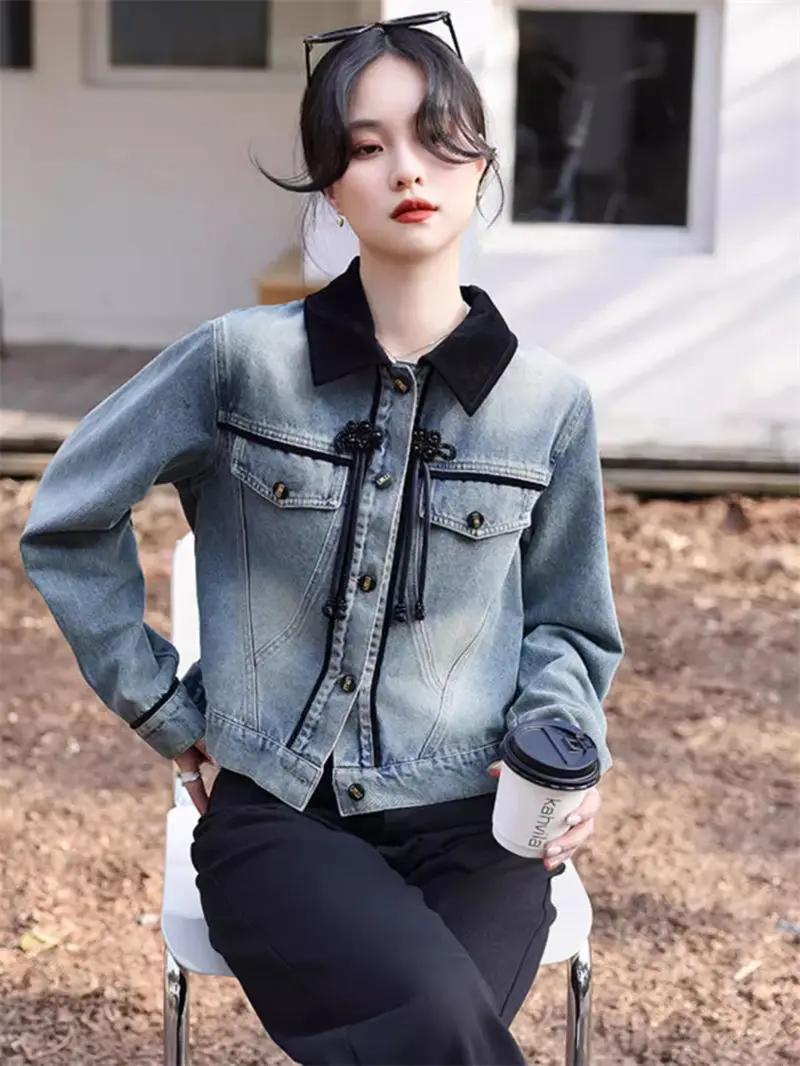 

Chinese Style Buckle Denim Jacket Women's Top Spring Autumn 2024 New Heavy Industry Bead Contrasting Short Coat Outerwear K923
