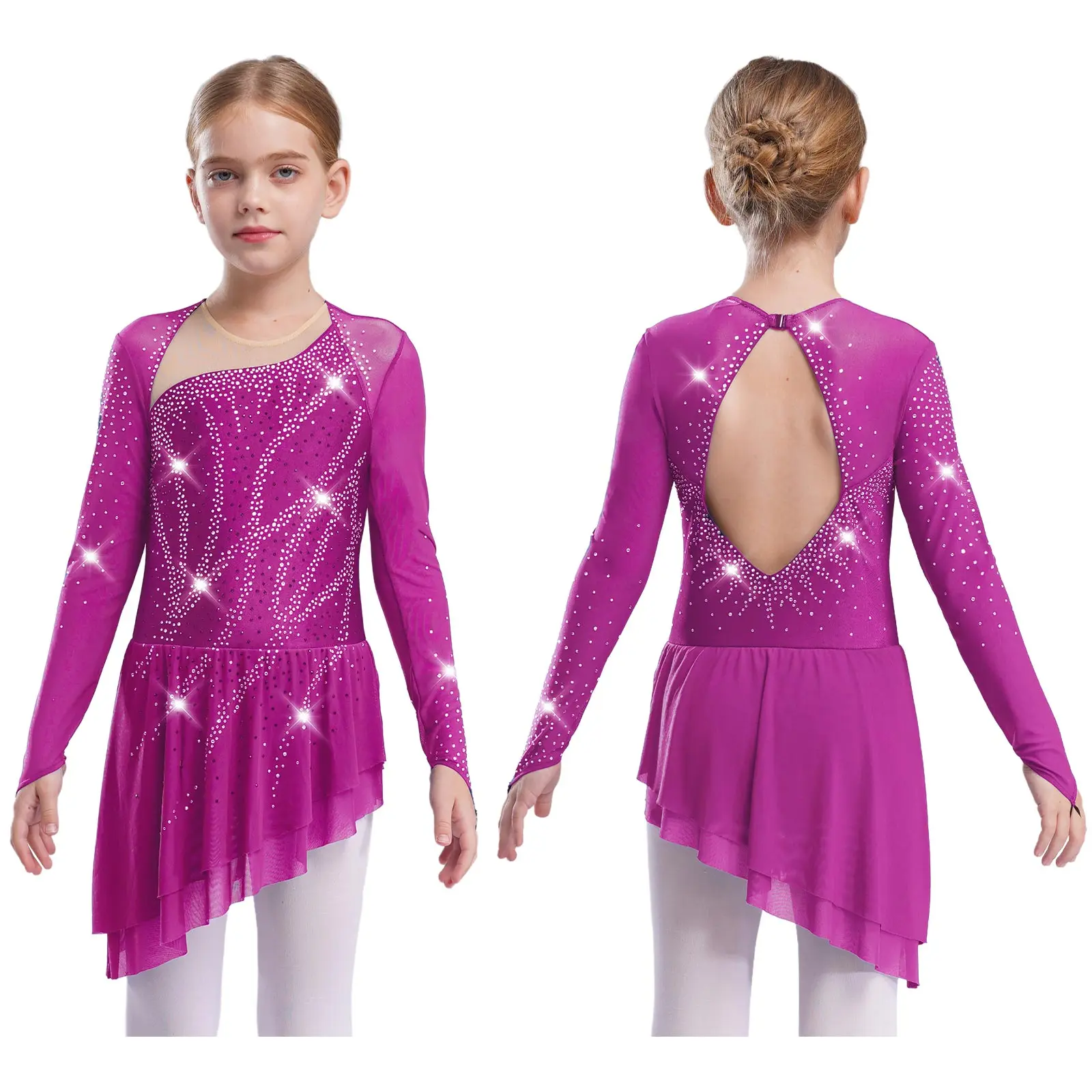 Kinder Mädchen Eiskunstlauf Rhythmische Gymnastik Trikot Kleid Asymmetrische Split Glänzende Strass Kontrast Farbe Kleid Ballerina – Detail 19