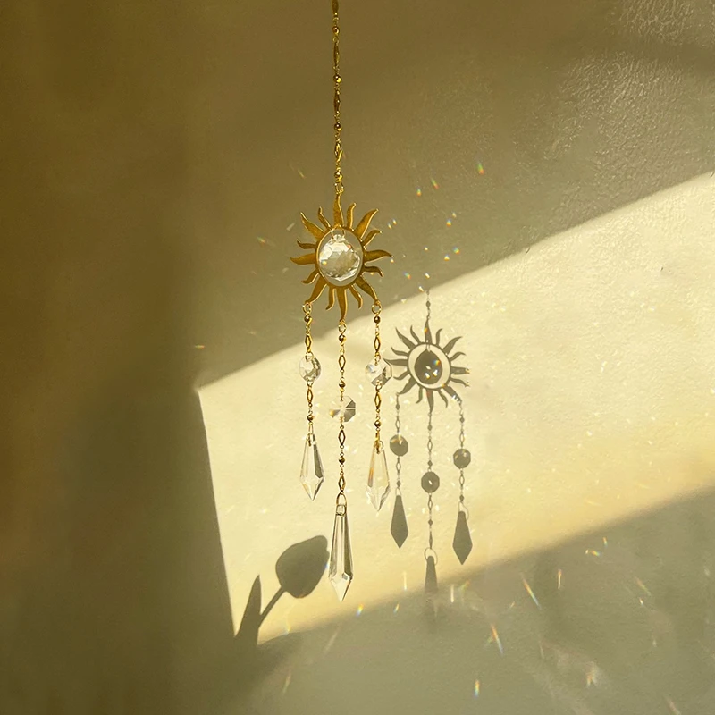 Crystal SunCatcher Prisms Hanging Sun Rainbow Light Catcher Chain Window Drop Wind Chimes Bell Garden Wedding Home Charm Decor