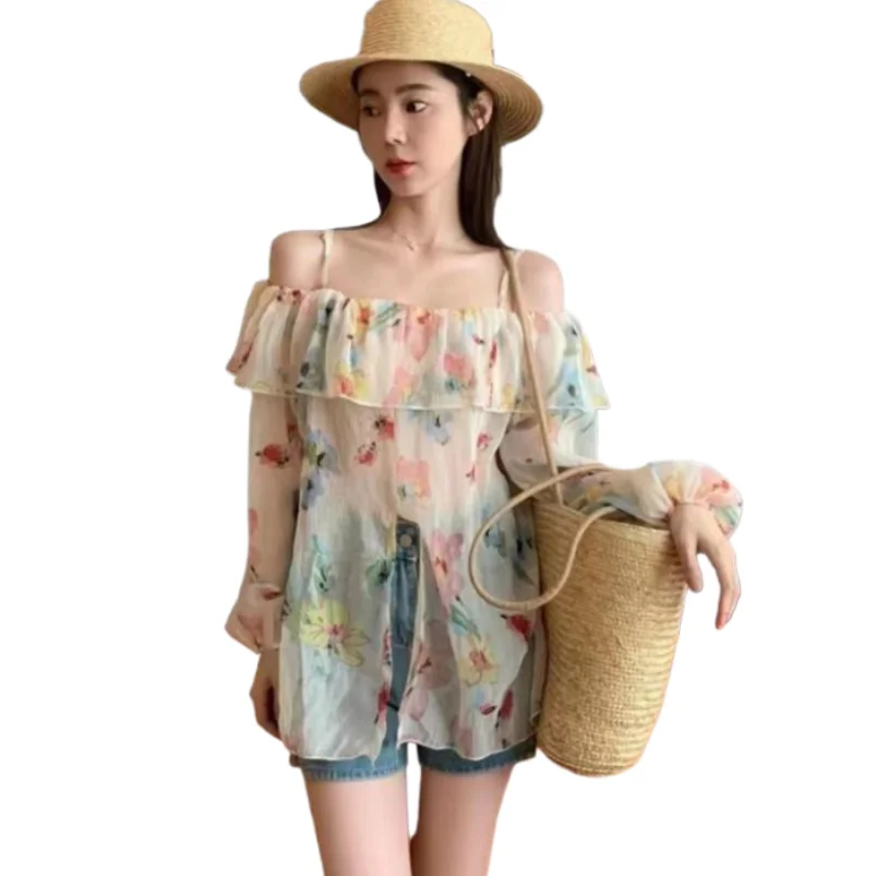 

Summer New 2023 Feminine Chiffon Slash Neck Sweet Ruffled Tops Lantern Sleeve Floral Print Loose Fit Lightweight Flowy Gentle